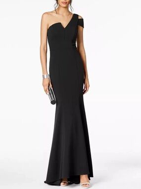 Betsy & Adam Black One Shoulder Asymmetrical Crepe Mermaid Gown Dress New!
